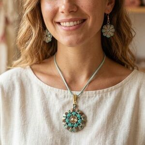 Handmade Turquoise and Pink Beaded Floral Pendant Necklace